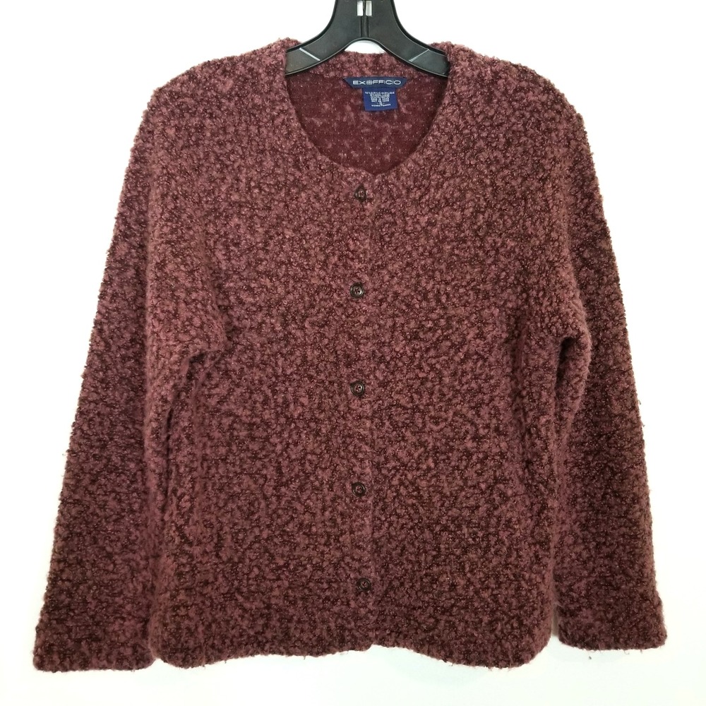 ExOfficio Women's‎ Maroon Bouclé Knit Button-up Cardigan Wool Bend Sz S Brown